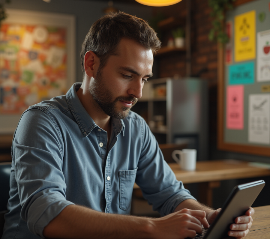 Small business owner analyzing local data on tablet in cozy cafe