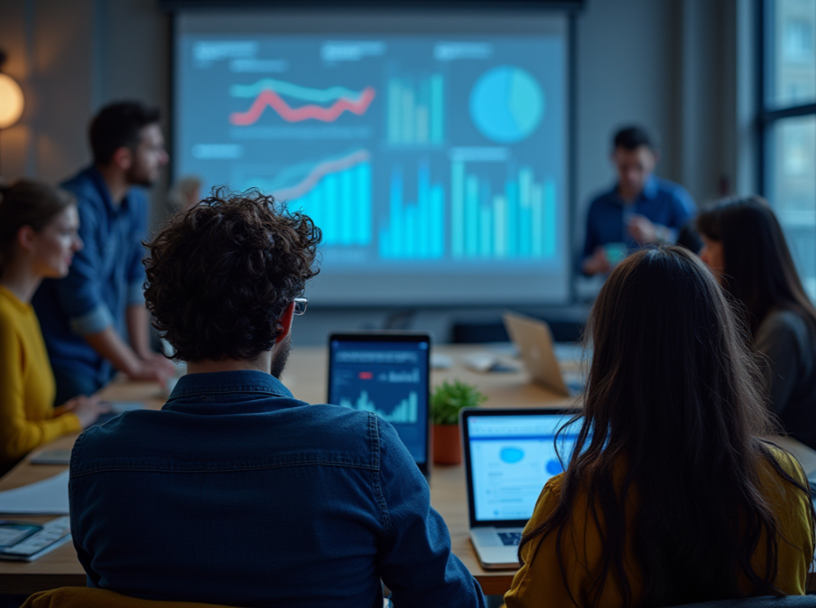 Marketing team analyzing data charts in office meeting room