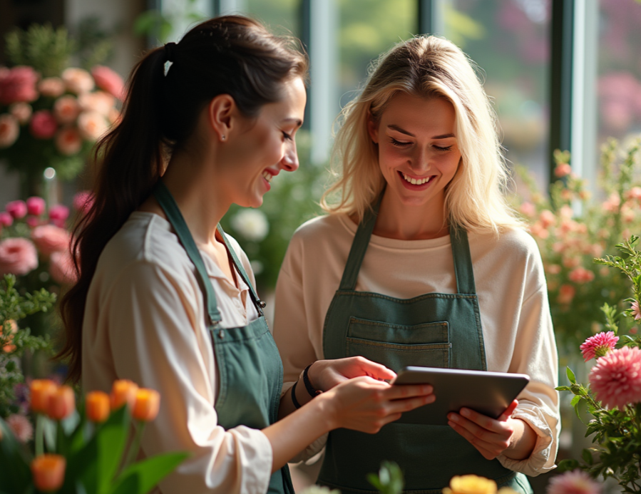 Florists analyzing local customer data on tablet in flower-filled shop