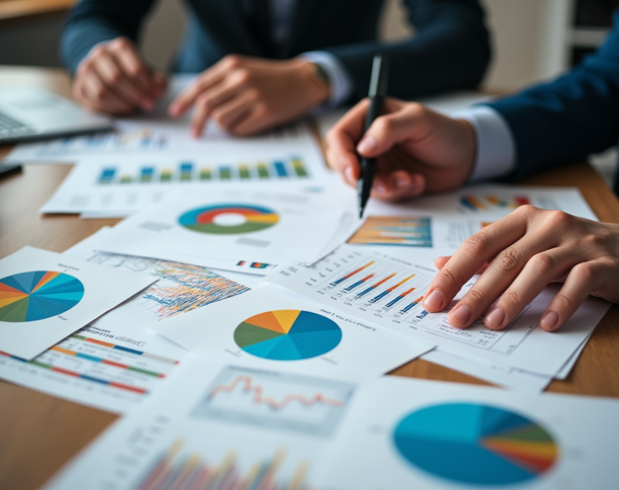 Small business team analyzing KPI charts and graphs for financial performance