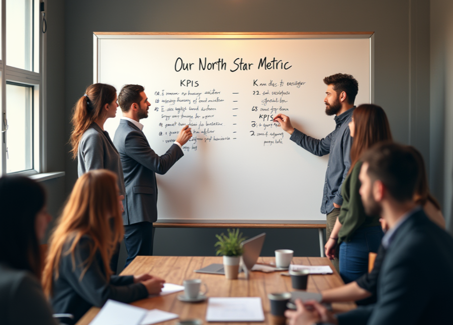 Small business team brainstorming North Star Metric and key KPIs on whiteboard